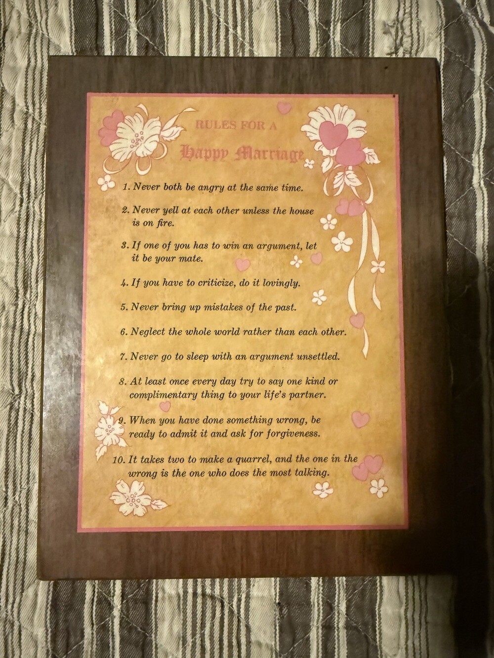 Wall Plaque Rules for a Happy Marriage 9x7 Pink White Flowers